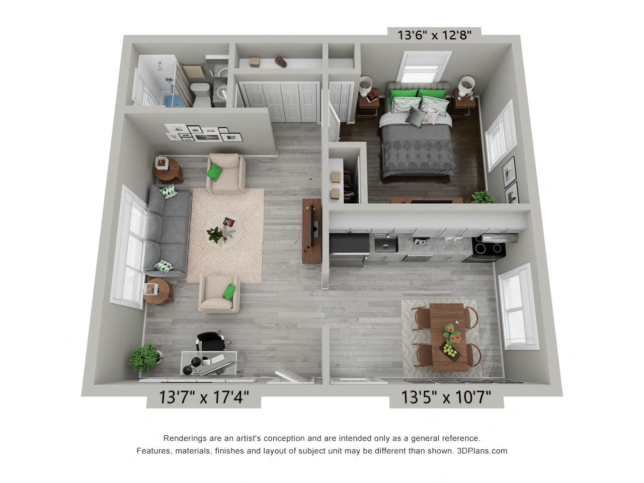 Floor plan for 1 bed, 1 bath, 720 sqft